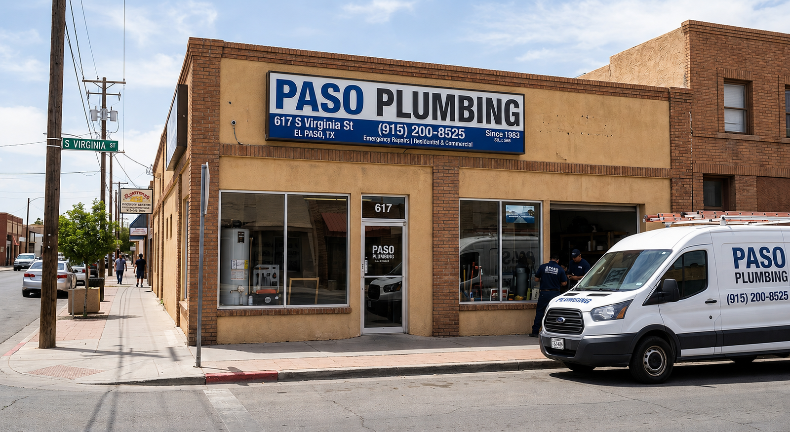 Paso Plumbing shop front at 617 S Virginia St El Paso TX with company van, TX License #12051