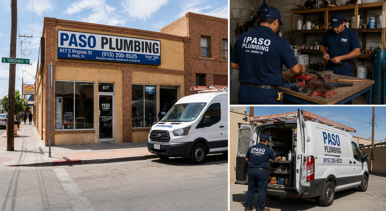 Paso Plumbing team and service van at 617 S Virginia St shop El Paso TX, TX License #12051