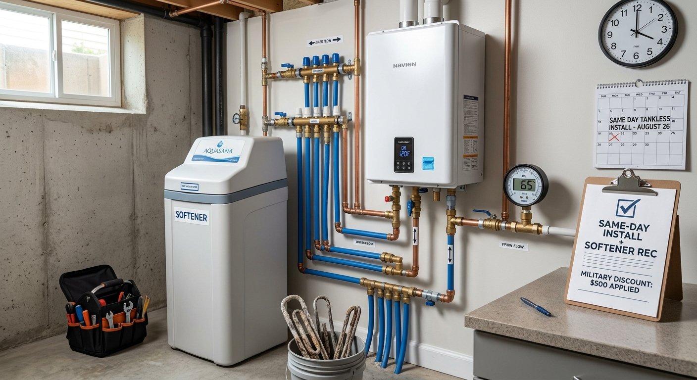 After water heater replacement Sheridan Road Fort Bliss area El Paso TX — new tankless unit installed